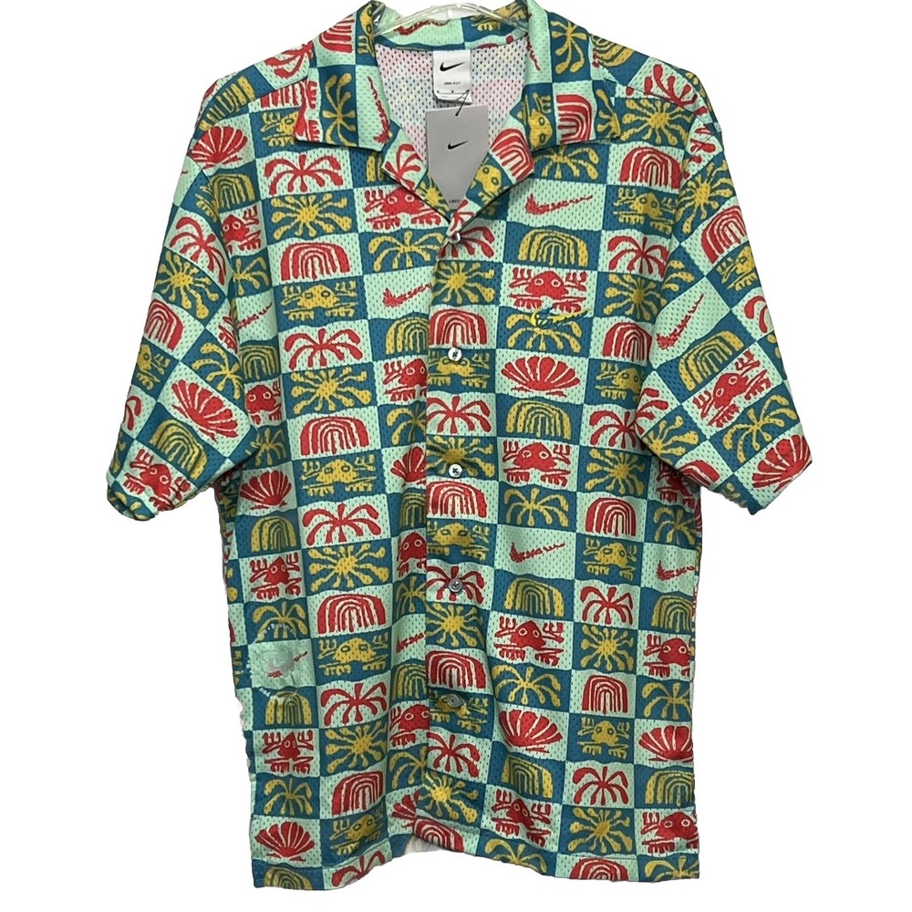 Nike Mesh Hawaiian Resort Camp Short Sleeve Button Shirt Men Medium Dri-Fit New